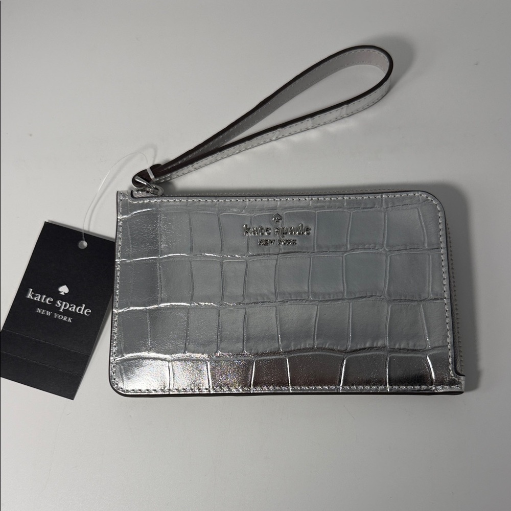 Kate spade Silver Croc Small L-Zip Card Holder Wristlet NWT